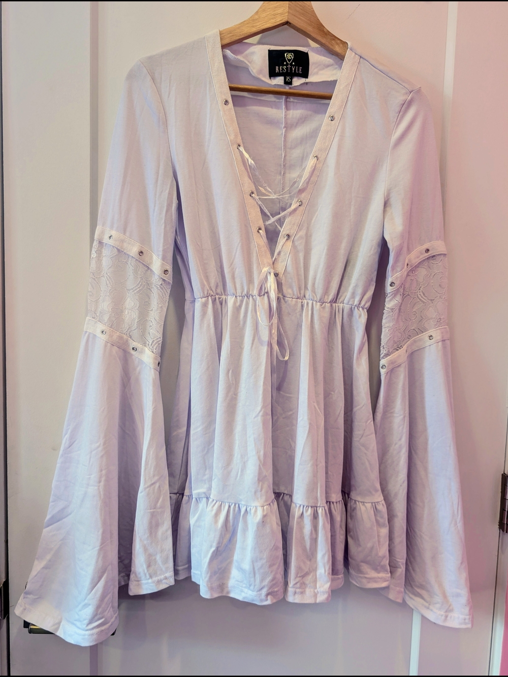 Bestyle Lavender Lace-Up Long Sleeve Tiered Dress